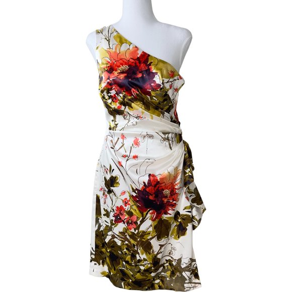 London Times Dresses & Skirts - London Times Satin One Shoulder Ruched Waist Watercolor Print Cocktail Dress (8)